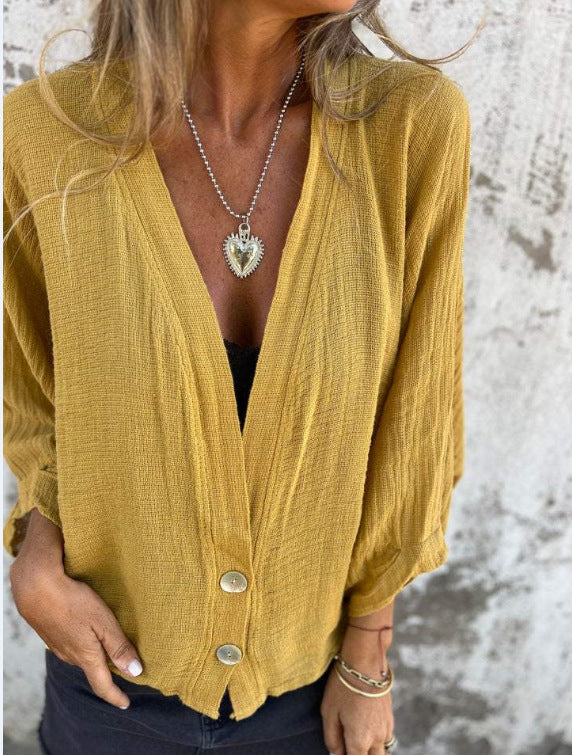 Blusa informal de algodón y lino con cuello en V y manga larga para mujer