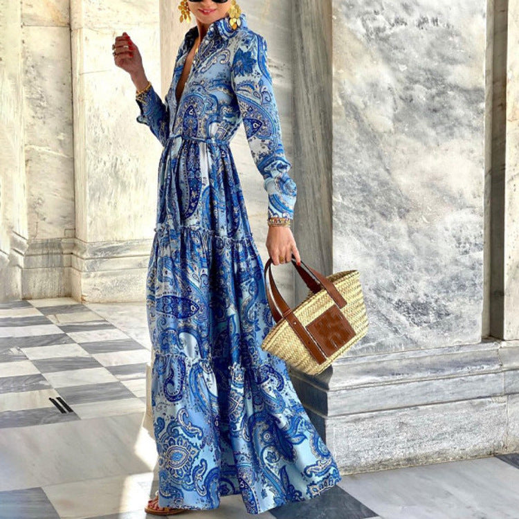 Vestido bohemio de cachemira de manga larga para mujer en azul, verde y rojo