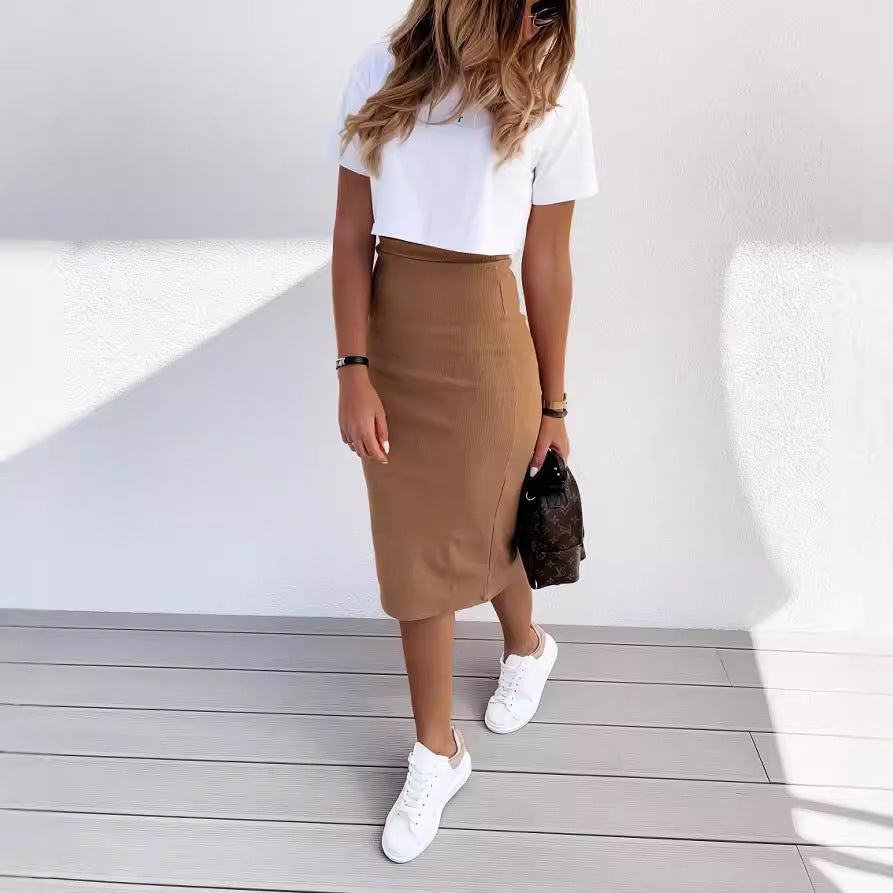 Ensemble t-shirt à manches courtes et jupe décontractés pour femme, couleur unie