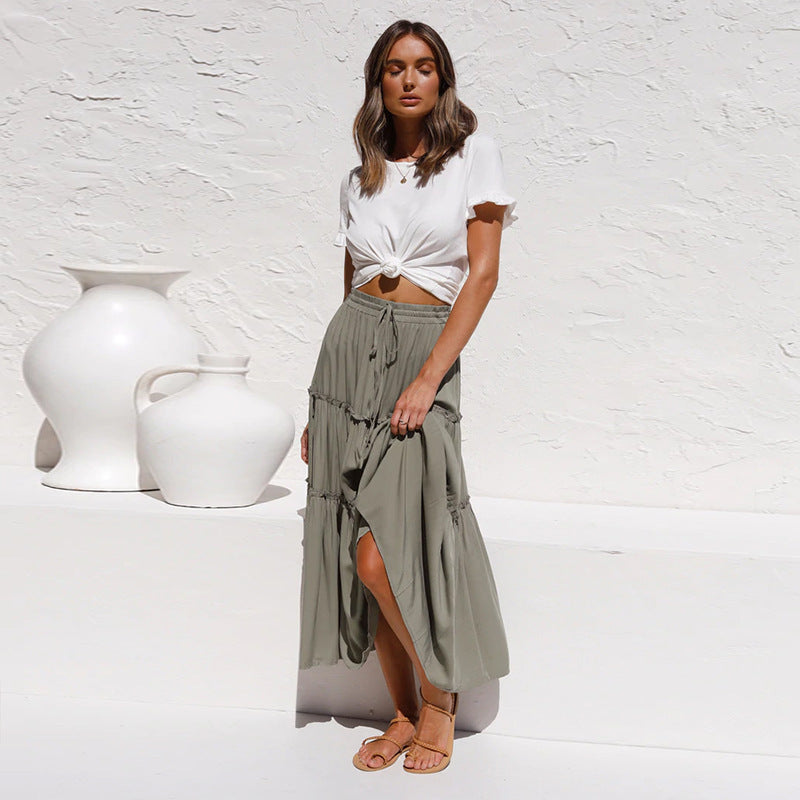 Women High Waist Cotton Linen Pleated Skirt