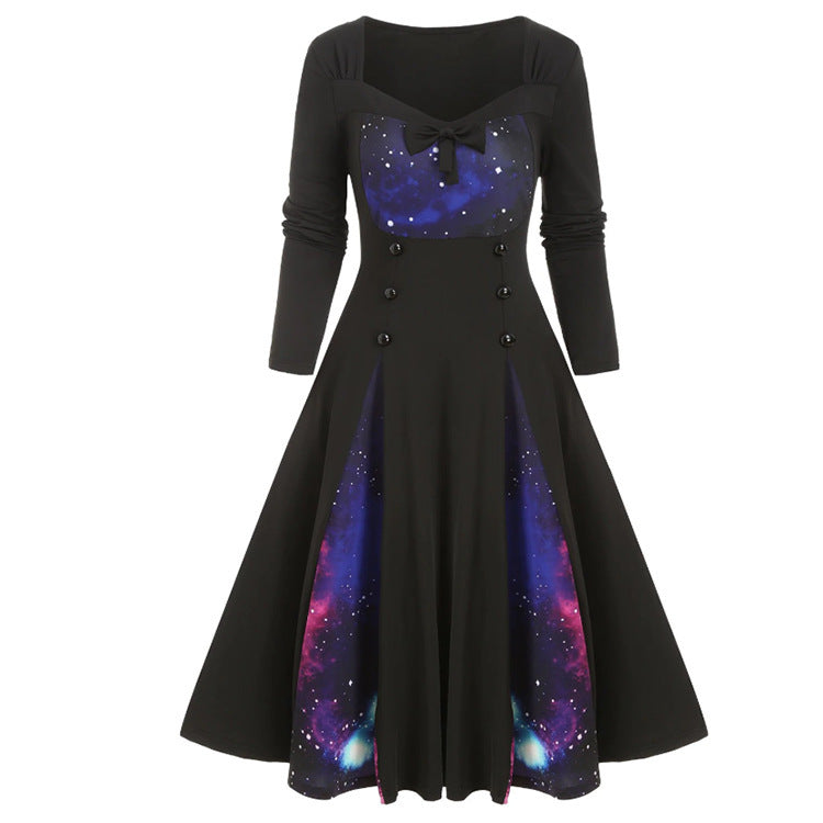 Women Gothic Skull Lace Stitching Color Contrast Dress