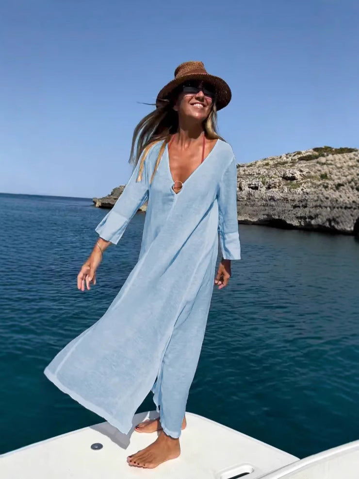 Batas de algodón y lino holgadas e informales a la moda para mujer
