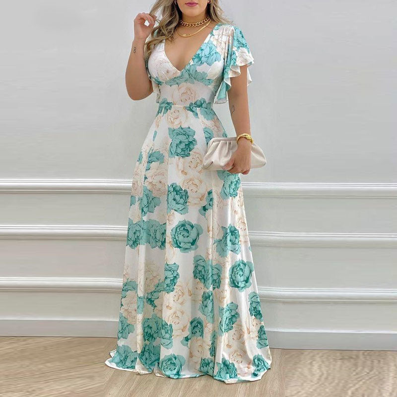 Women Casual Elegant Floral Printed V-Neck Dress