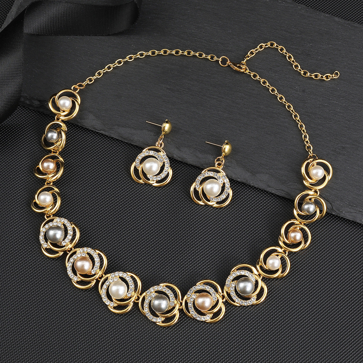 Women Fashion Elegant Alloy Plating Pearl Zircon Earrings Necklace Set