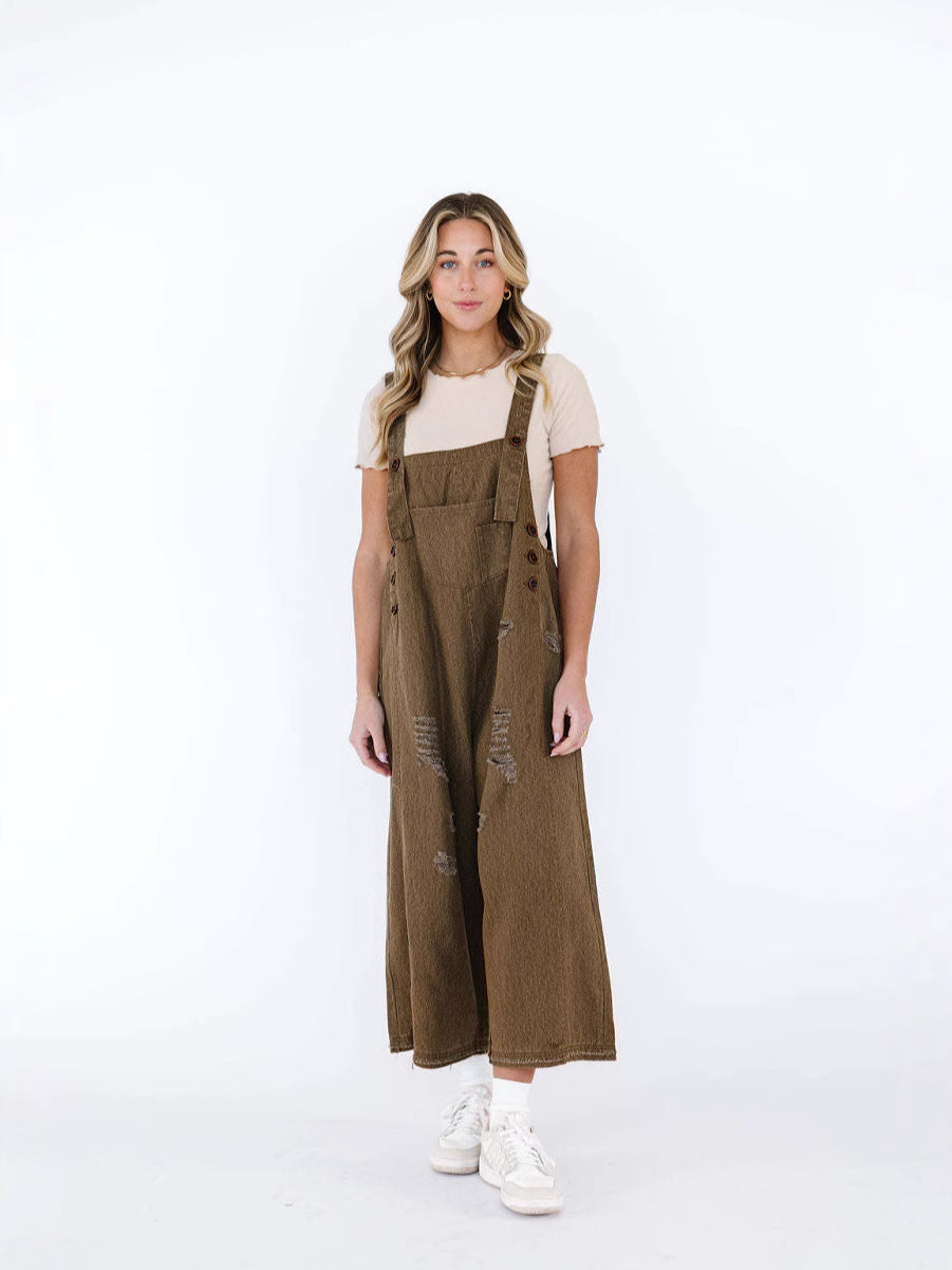 Women Casual Ripped Denim Jumpsuit with Wide Leg Style