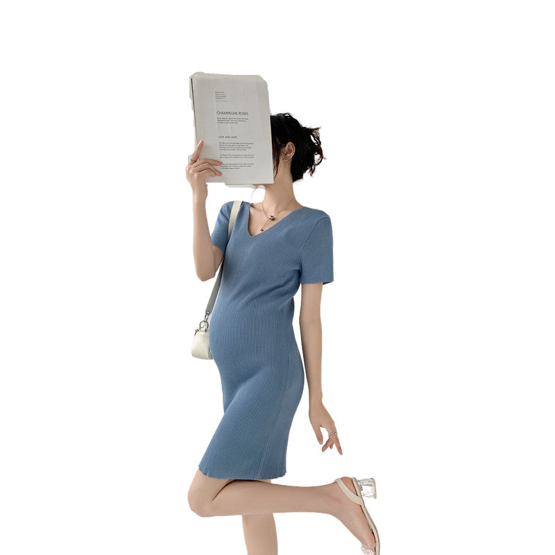 Maternity Summer Knitted Dress with V-Neck Design