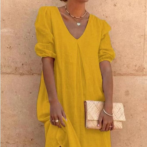 Women Fashion Casual Solid Color Cotton Linen V-Neck Dress