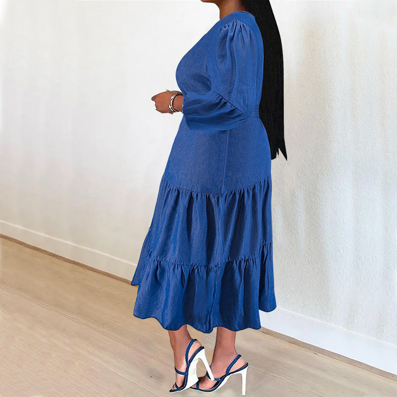 Vestido vaquero de talla grande para mujer con falda plisada y mangas largas