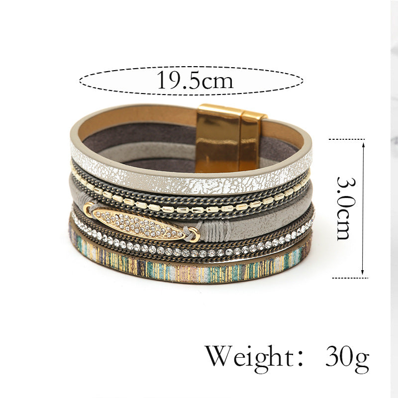 Pulsera magnética de cuero multicapa bohemia