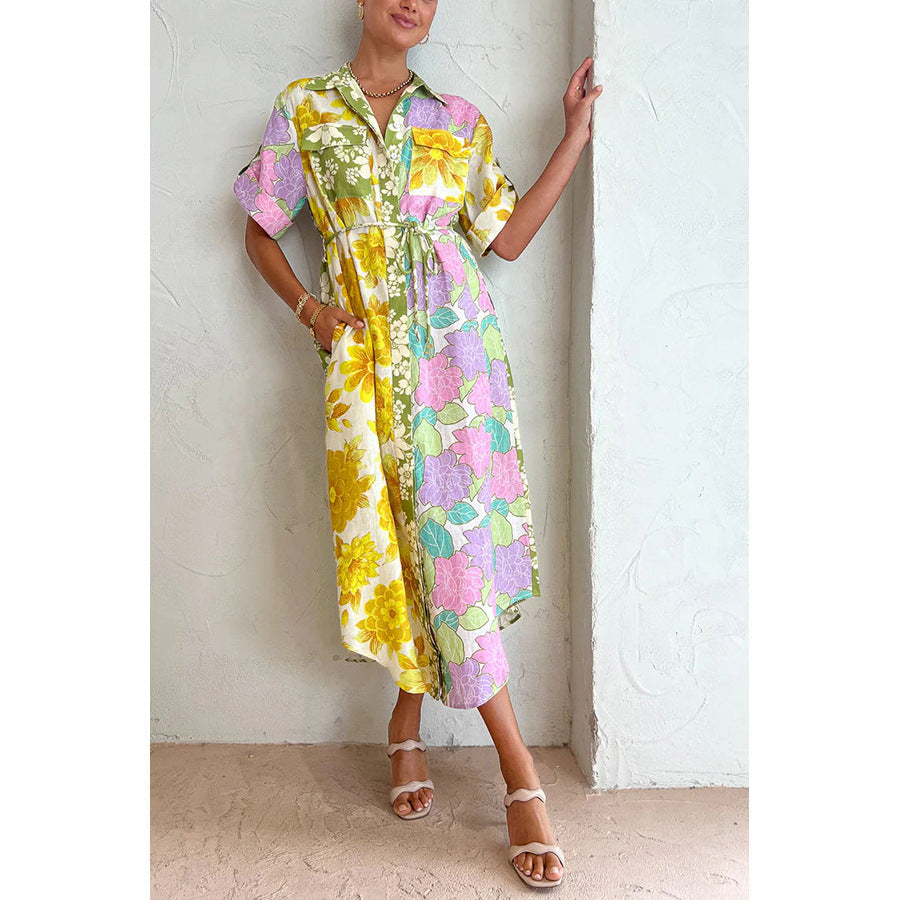 Robe longue à fleurs et poches à lacets pour femme