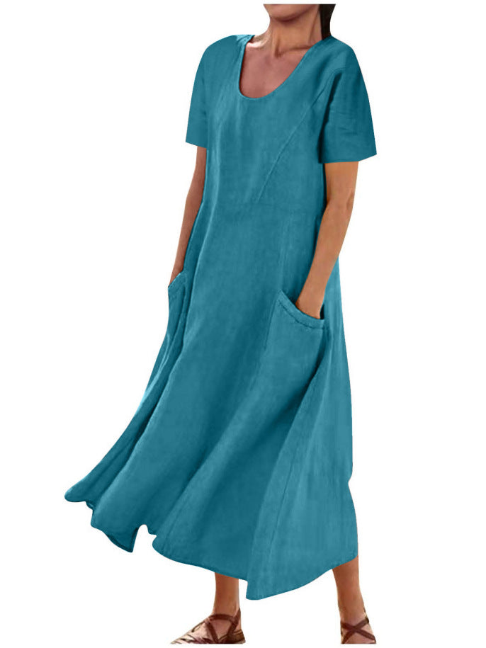 Vestido casual de lino y algodón de color liso para mujer