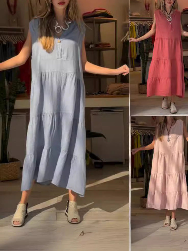 Vestido largo informal de verano para mujer, color liso, con cuello en V