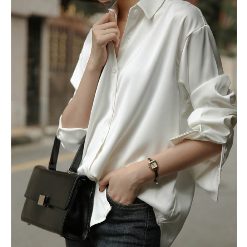 Women Casual Satin Long-Sleeve Blouse with Lapel
