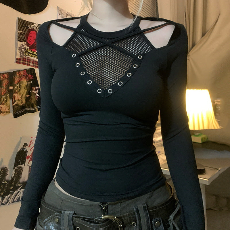 T-shirt gothique à manches longues et coutures en maille pour fille sexy