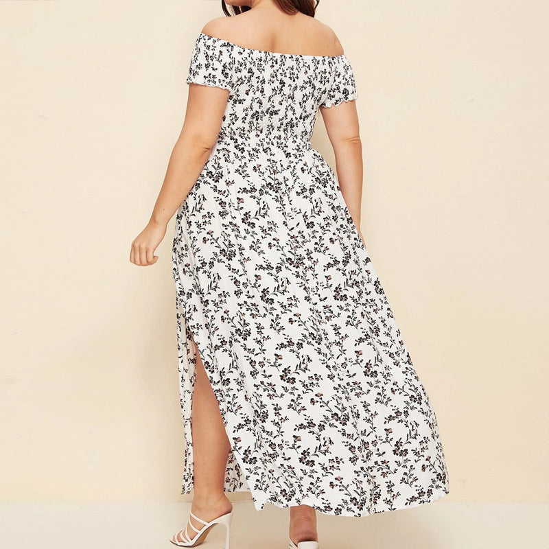 Women Fashion Casual Plus Size Floral Print Off-Shoulder Dress