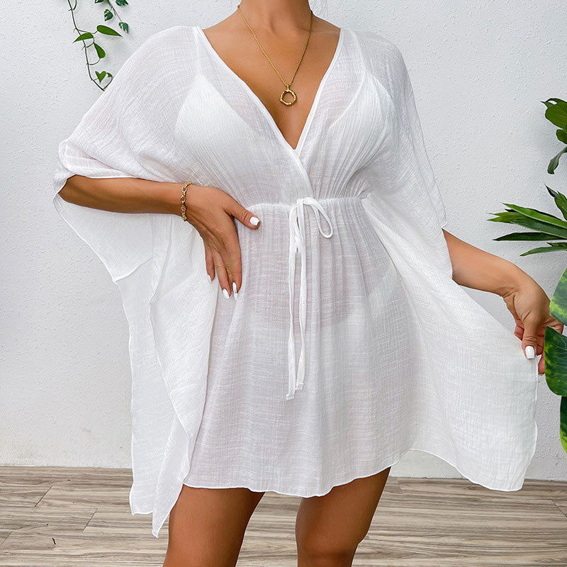 Women Fashion Casual Solid Color V-Neck Swimsuit Cover-Up