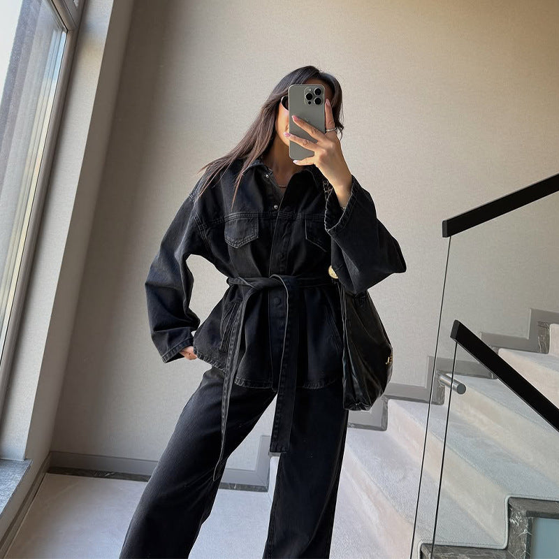 Conjunto de dos piezas de abrigo informal de mezclilla de color liso con mangas largas para mujer