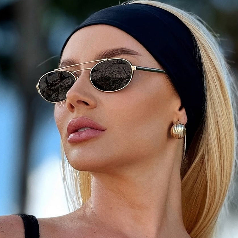 Fashion Personalized Small Frame Metal Double Beam Oval Sunglasses