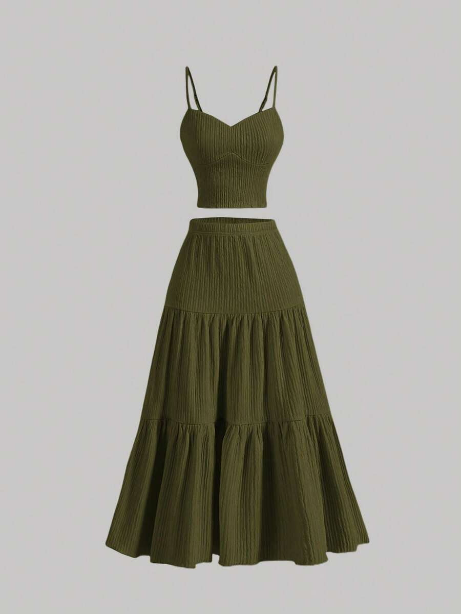 Women Fashion Casual Solid Color Camisole Top Loose Skirts Two-Piece Set