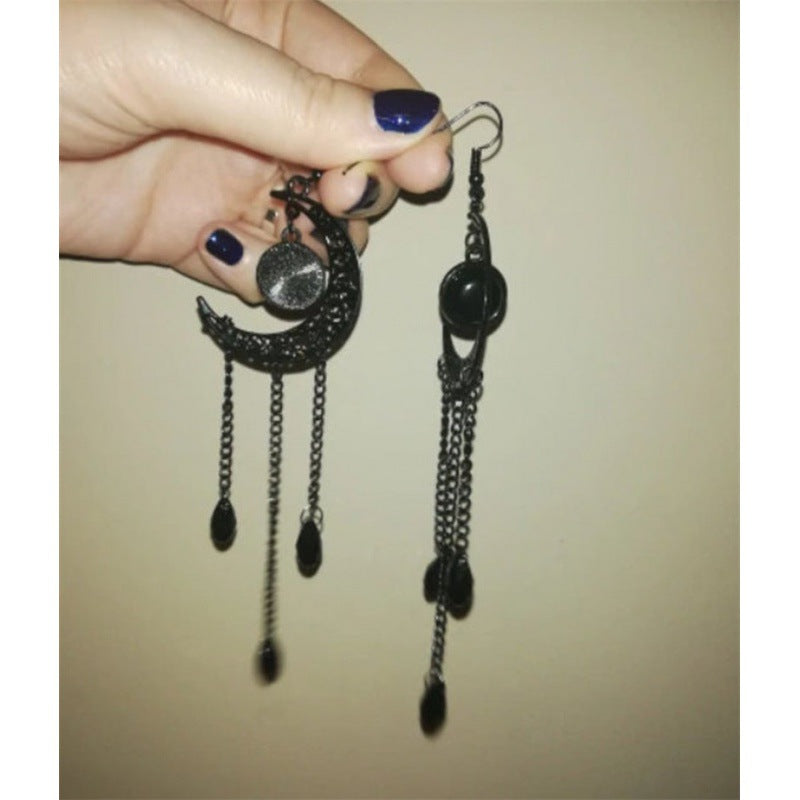 Gothic Halloween Black Moon Tassel Earrings