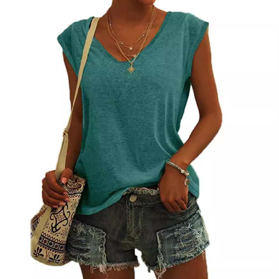 Camiseta sencilla de verano para mujer, color liso, con cuello en V