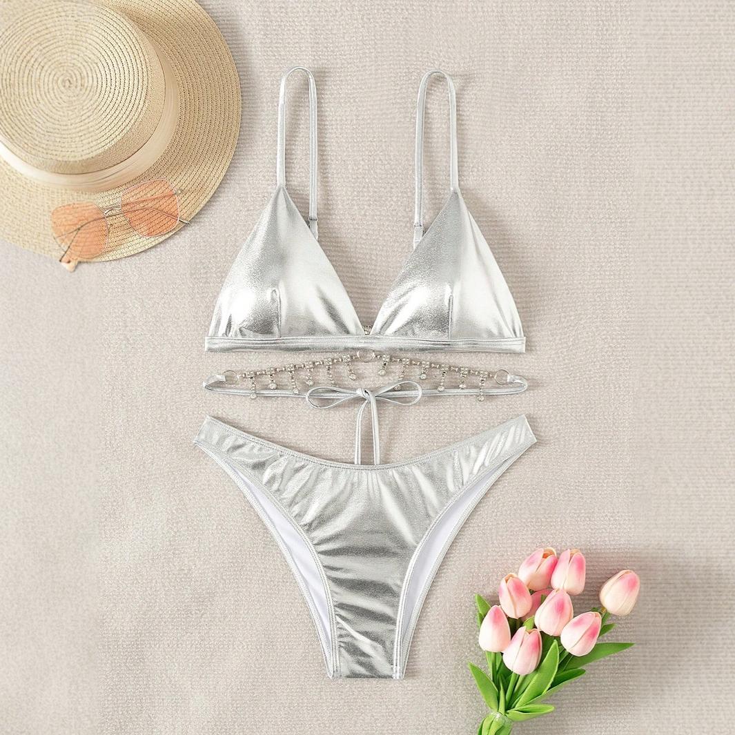 Bikini sexy de color sólido con borlas de diamantes de imitación para mujer