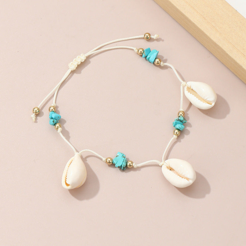 Tobillera con borlas de conchas turquesas bohemias