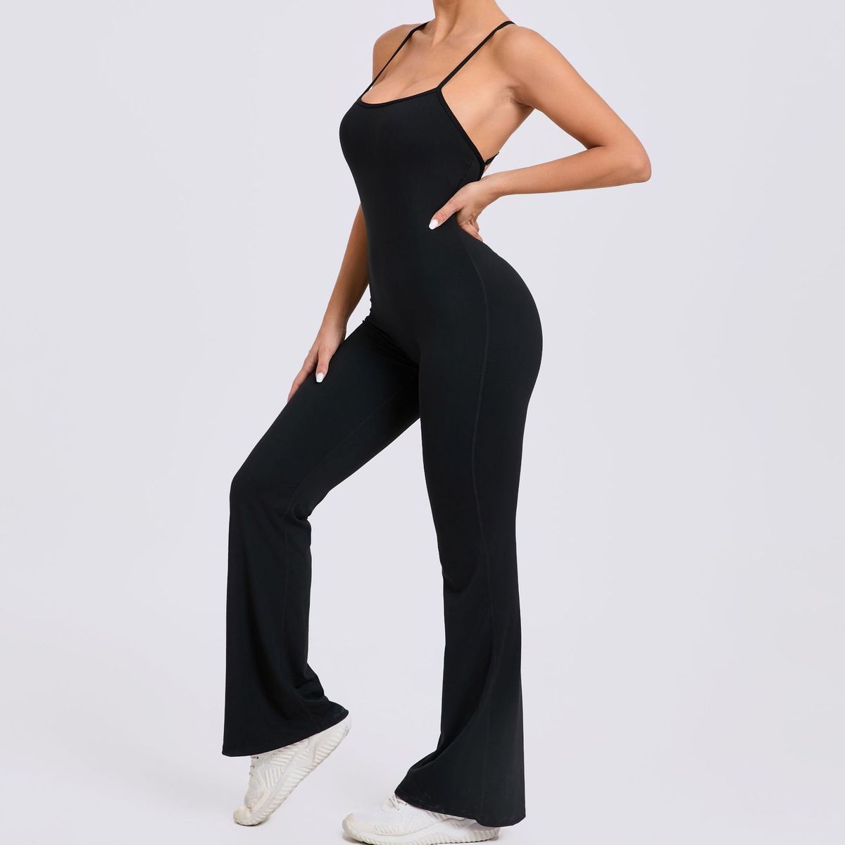 Adjustable Shoulder Strap Flared Yoga Jumpsuits for Women Cotton Blend