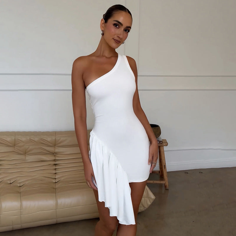 Women Sexy Solid Color Slant Shouldered Ruffle Dress