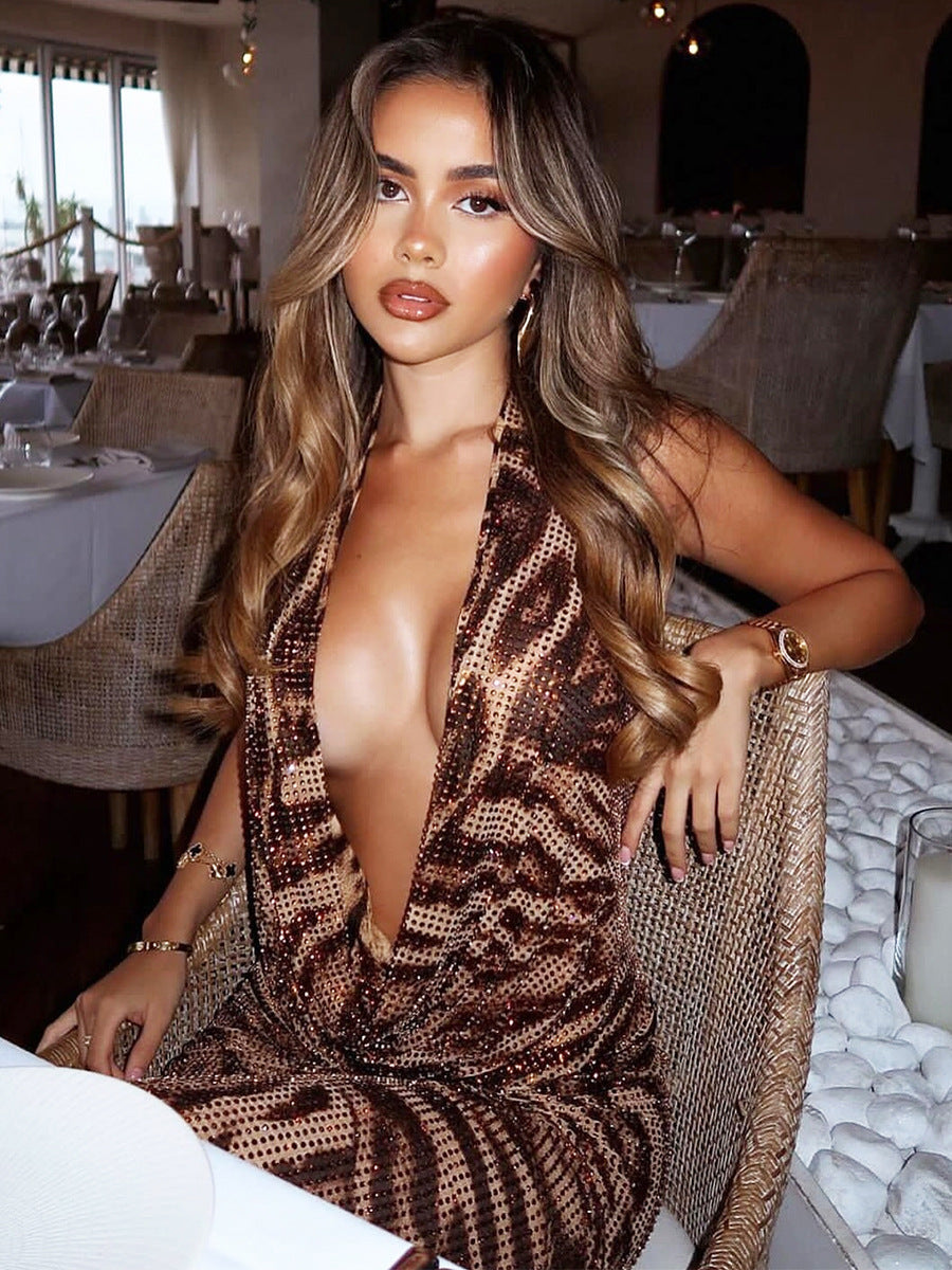Vestido sexy de leopardo con diamantes de imitación y espalda descubierta para mujer
