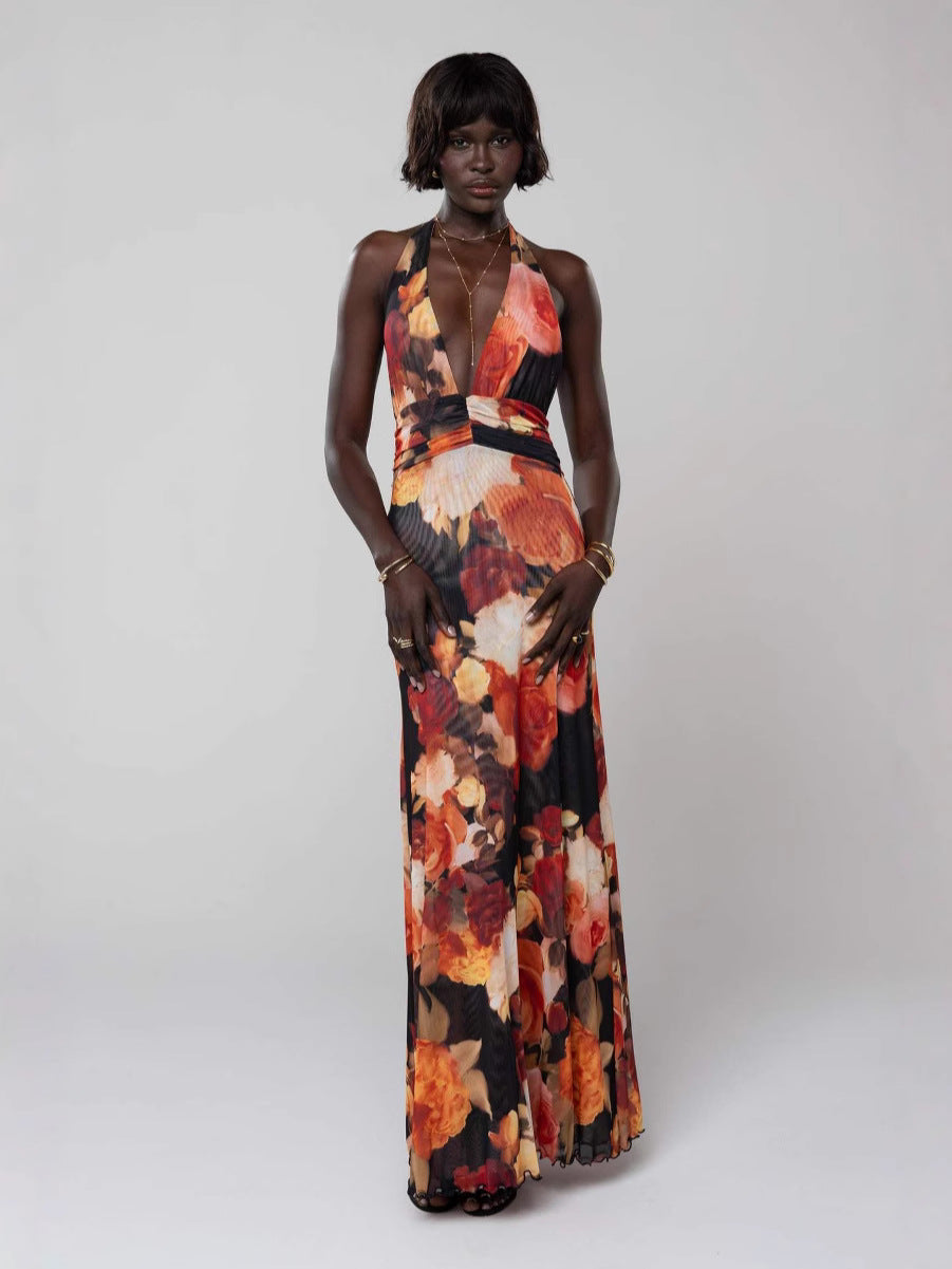 Women Fashion Sexy Printed Halter-Neck Backless Dress