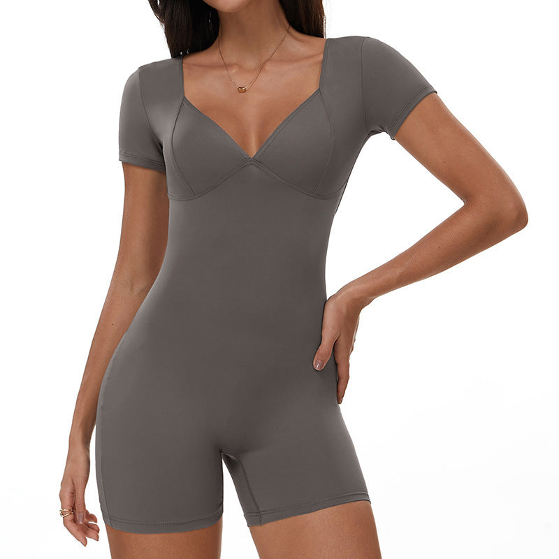 Women Solid Color V-Neck Short-Sleeve Backless Yoga Romper