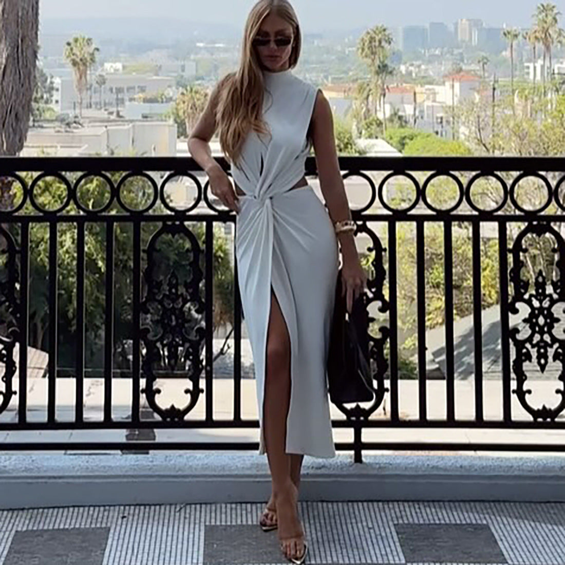 Women Fashion Sexy Solid Color Irregular Hollow-Out Dress