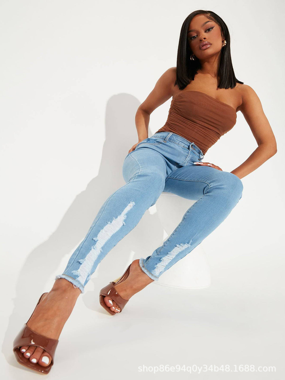 Jean taille haute extensible décontracté pour femme