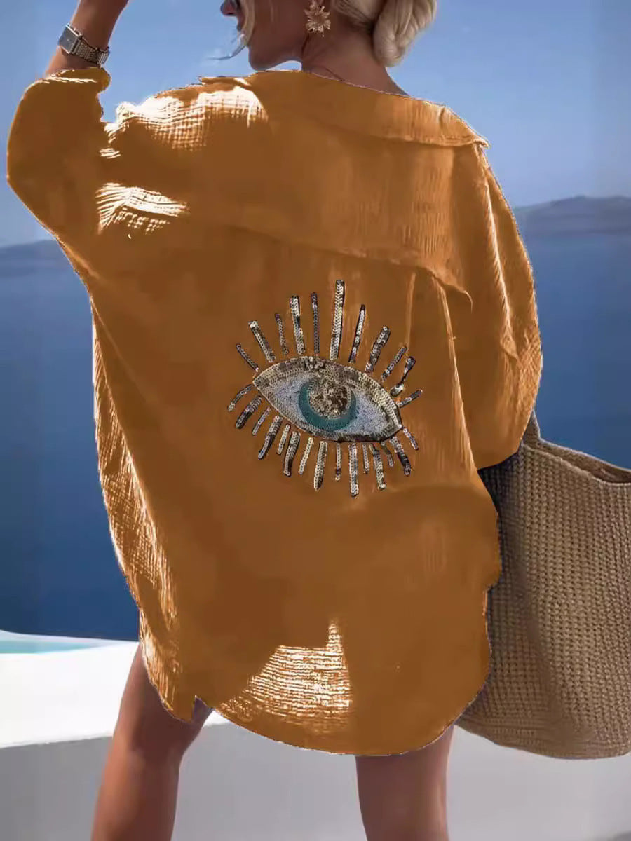 Camisa informal de verano para mujer con estampado de mal de ojo en la espalda
