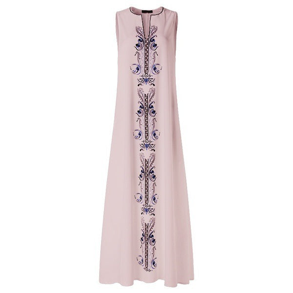 Vestido largo informal holgado con escote en V, sin mangas y estampado bohemio vintage para mujer