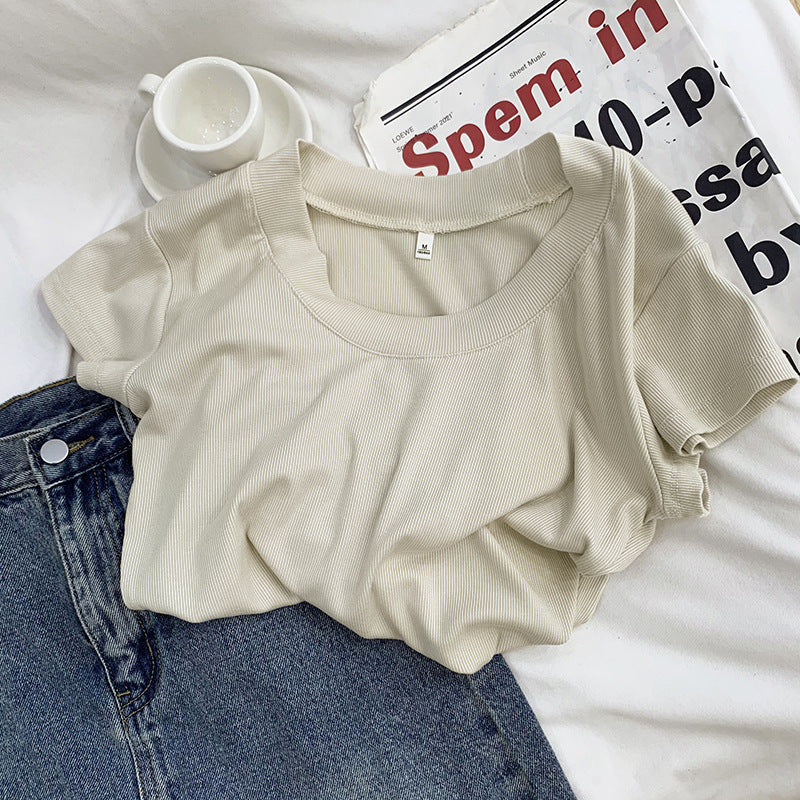Camiseta sencilla de manga corta con cuello en U y hilo de color liso para mujer