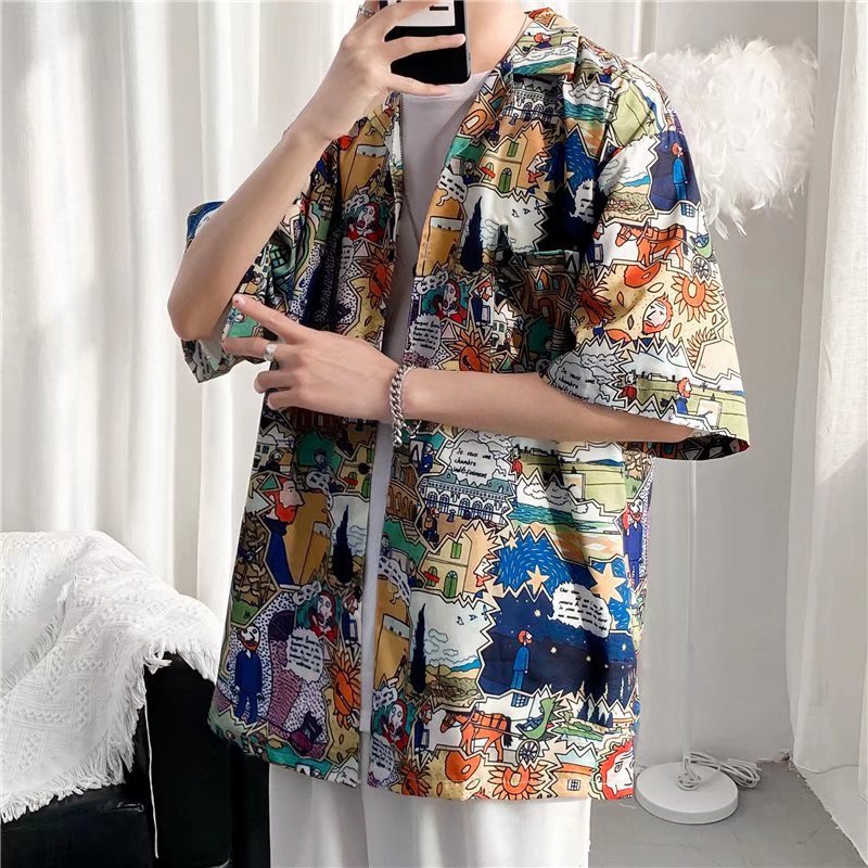 Camisa informal vintage con estampado de flores diminutas para hombre