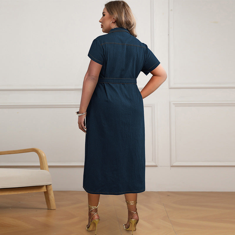 Vestido vaquero informal de talla grande con solapa, manga corta y cordones para mujer