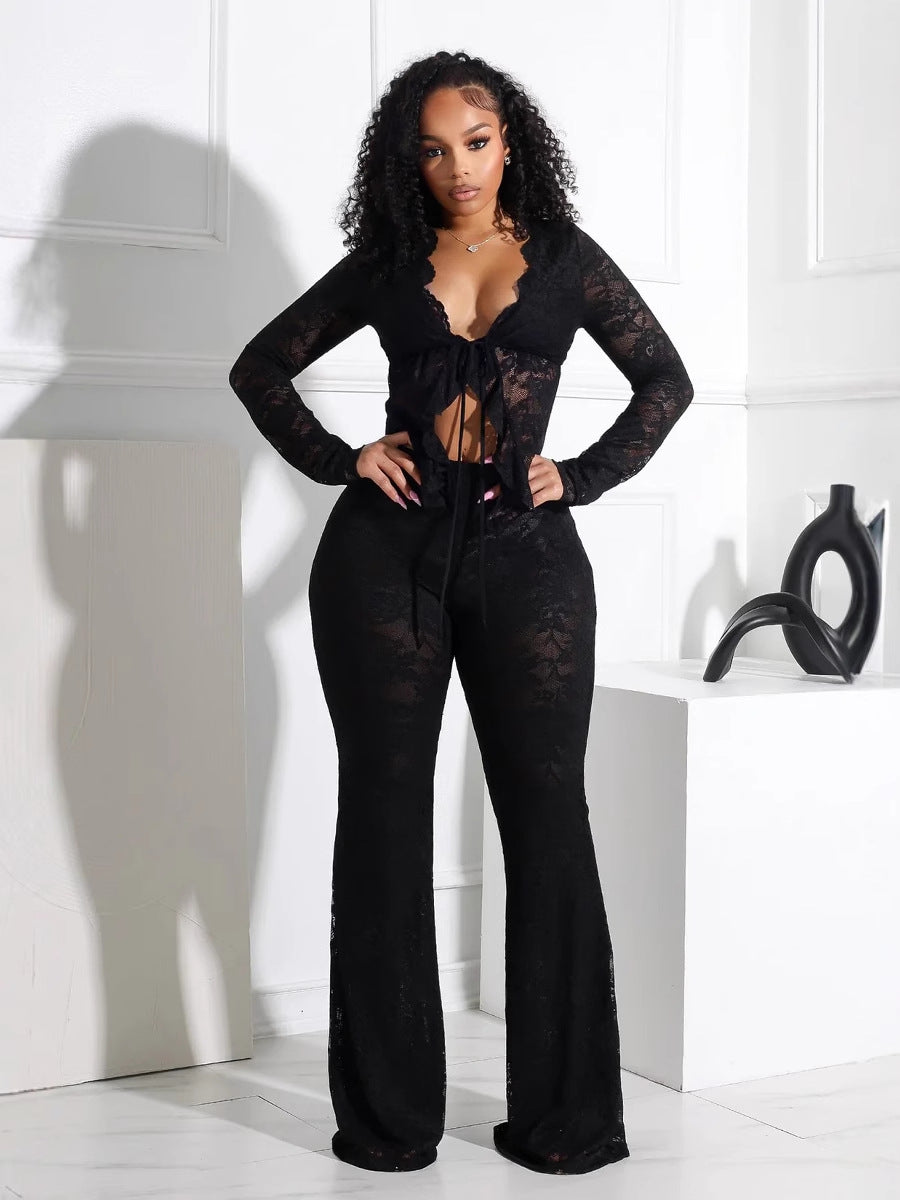 Conjunto de top de manga larga y pantalón ajustado con encaje calado para mujer