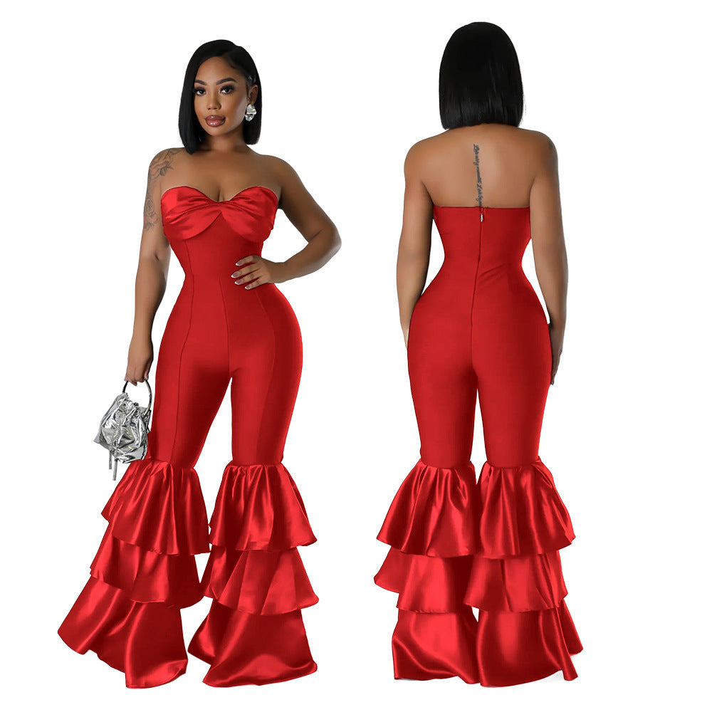 Women Fashion Sexy Strapless Ruffled Jumpsuit