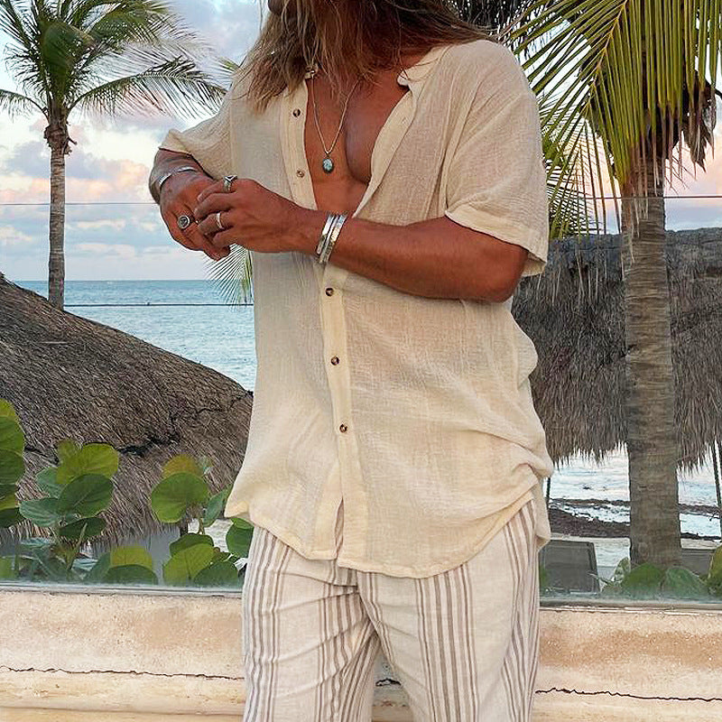 Camisa de manga corta de algodón de color liso para hombre, estilo casual y festivo