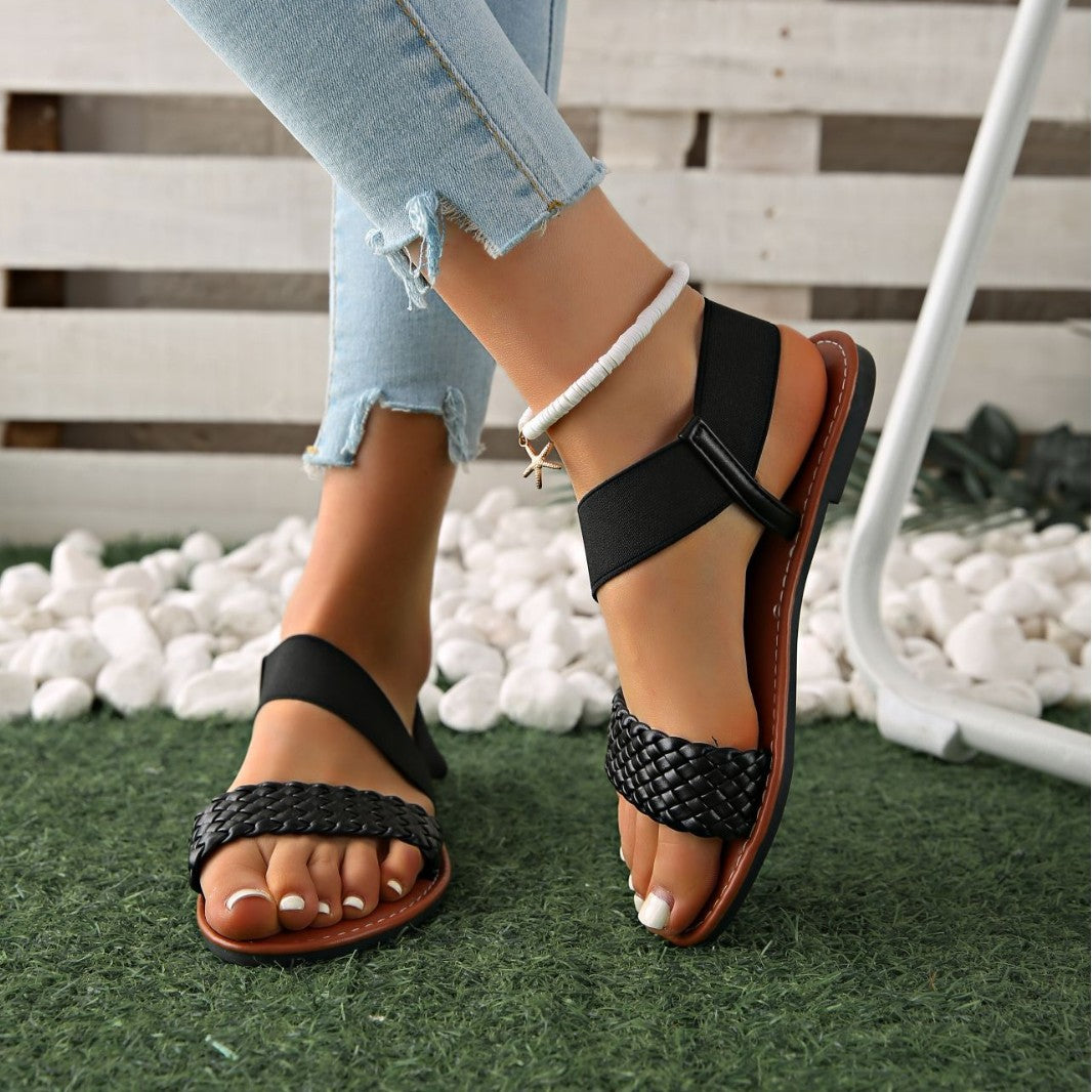 Sandales plates simples de couleur unie pour femmes, grande taille