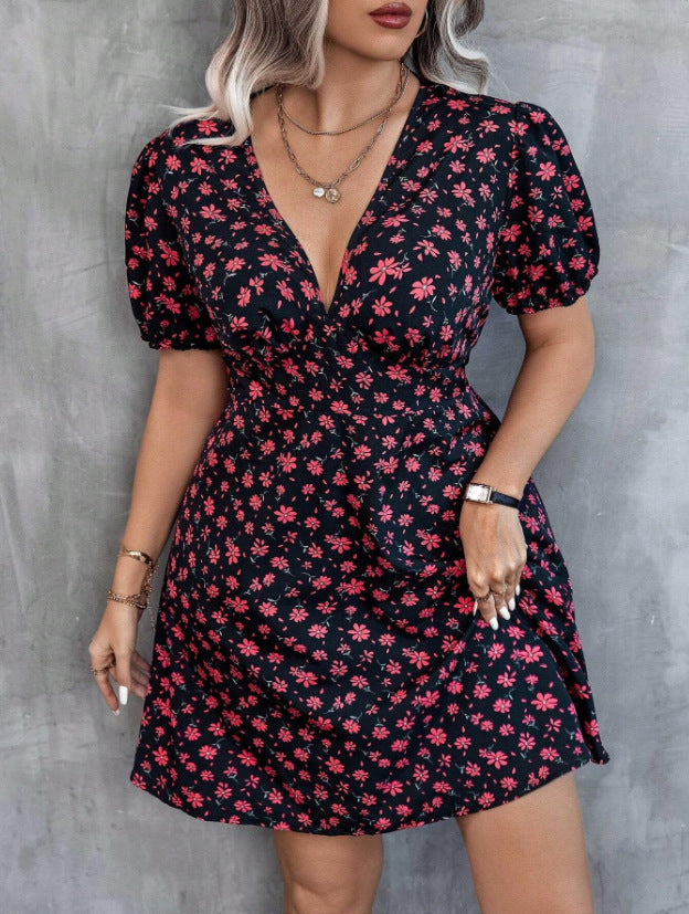 Vestido holgado informal con mangas abullonadas y cuello en V floral para mujer