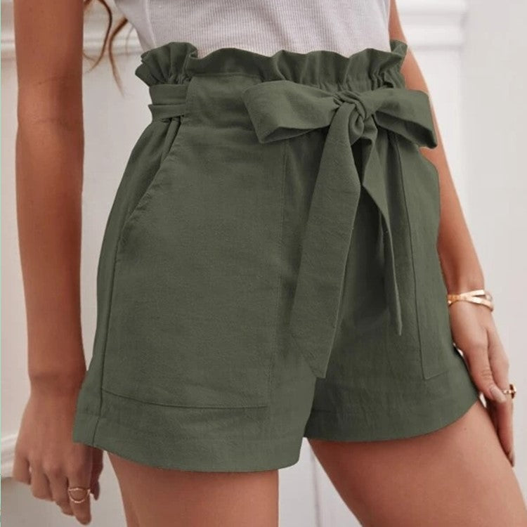 Women Casual Linen Solid Color Loose Pocket Shorts