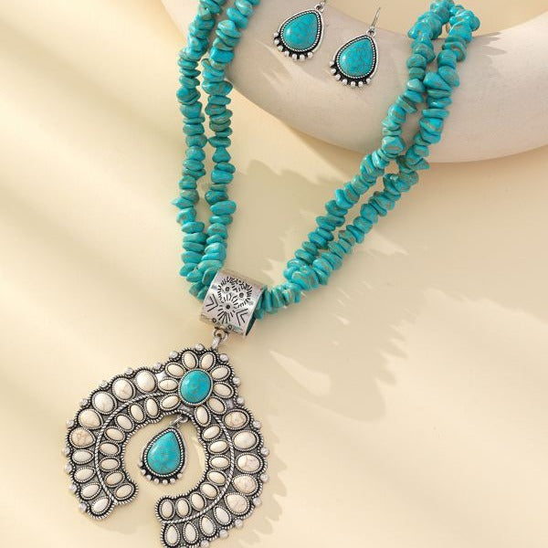 Conjunto de pendientes y collar con colgante geométrico para mujer - Joyería retro floral turquesa