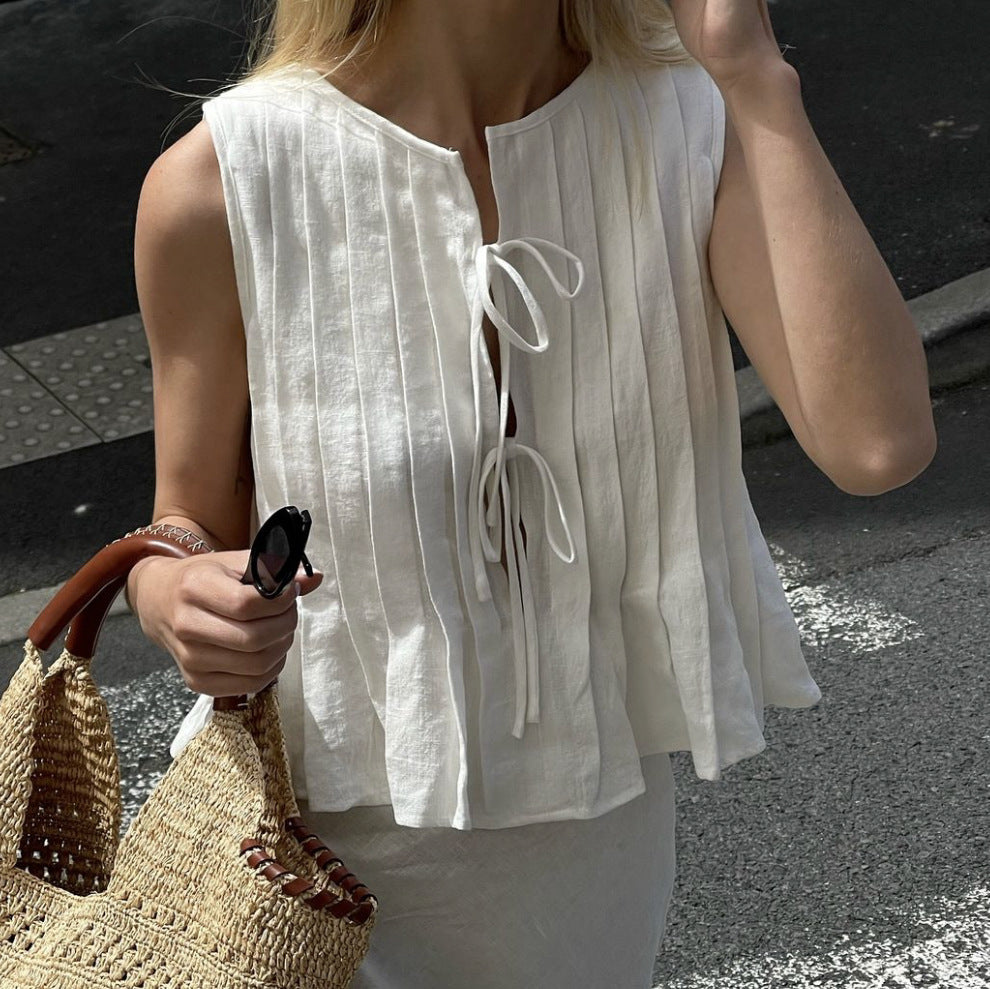 Spring And Summer Women Cotton Linen Lace-Up Blouse