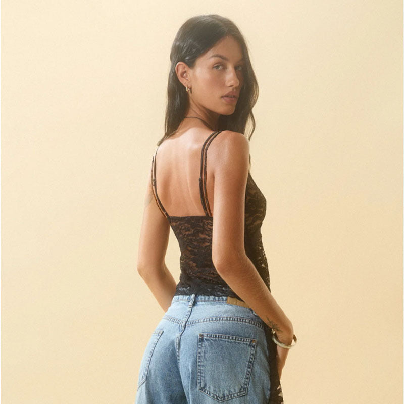 Women Fashion Sexy Solid Color Lace V-Neck Camisole