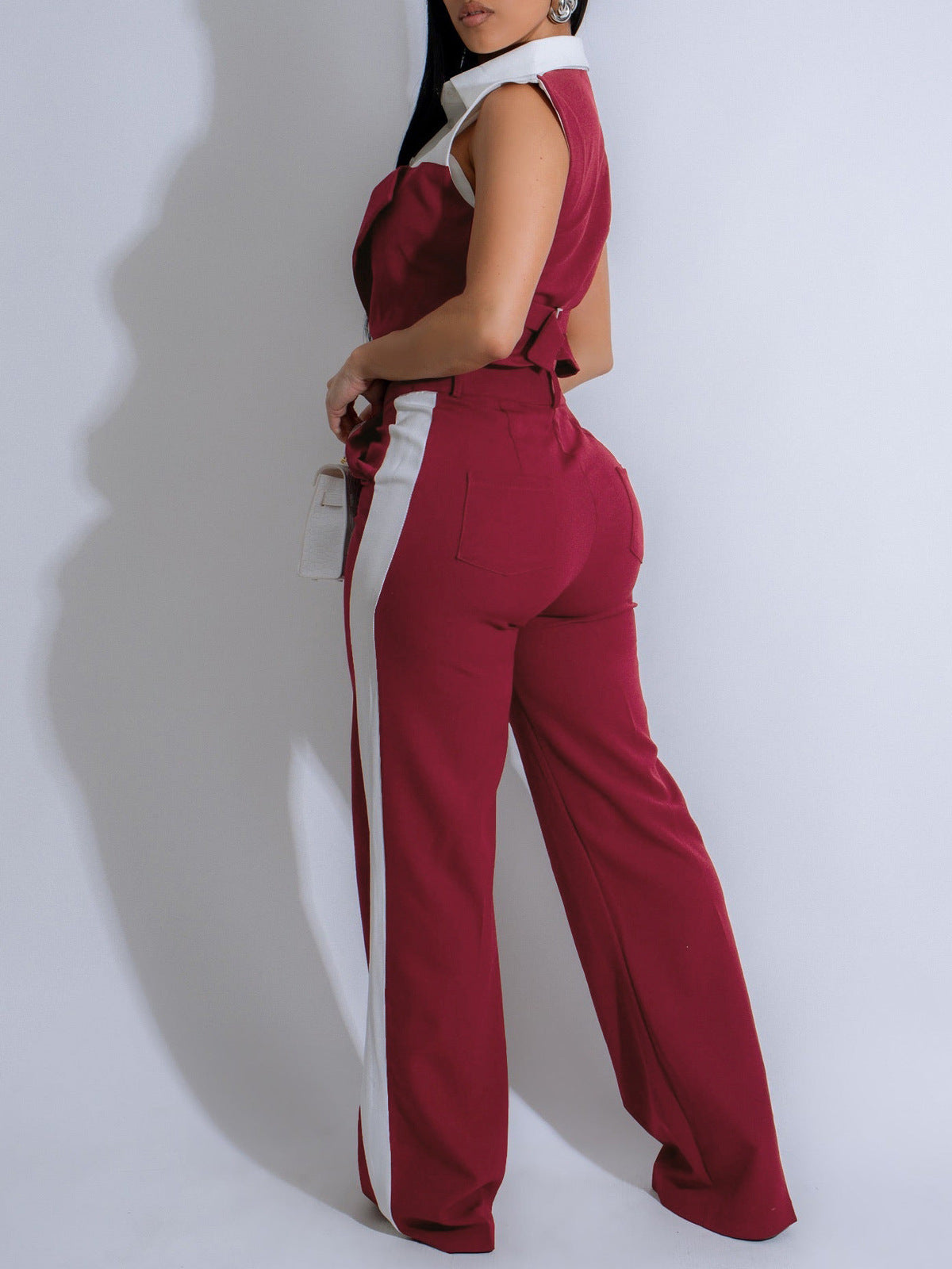 Women Sleeveless Color Blocking Shirt Pants Set Polyester Spandex