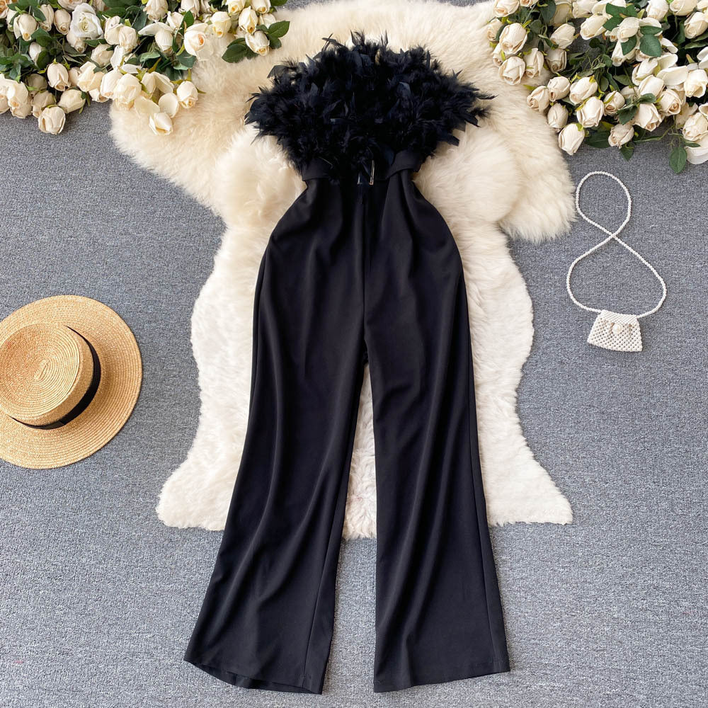 Fashion Women Pink Feather Strapless Summer Jumpsuit